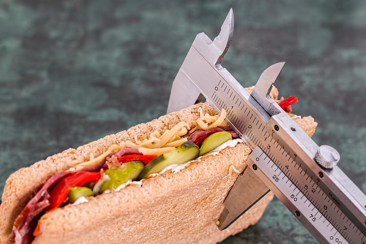 Medidas para la preparación de alimentos. Imagen de sandwich de jamón, tomate, lechuga
y carne siendo medido con un calibrador Vernier. Sandwich saludable calibrado con un
calibrador Vernier. Control de porciones. Medidas nutricionales.