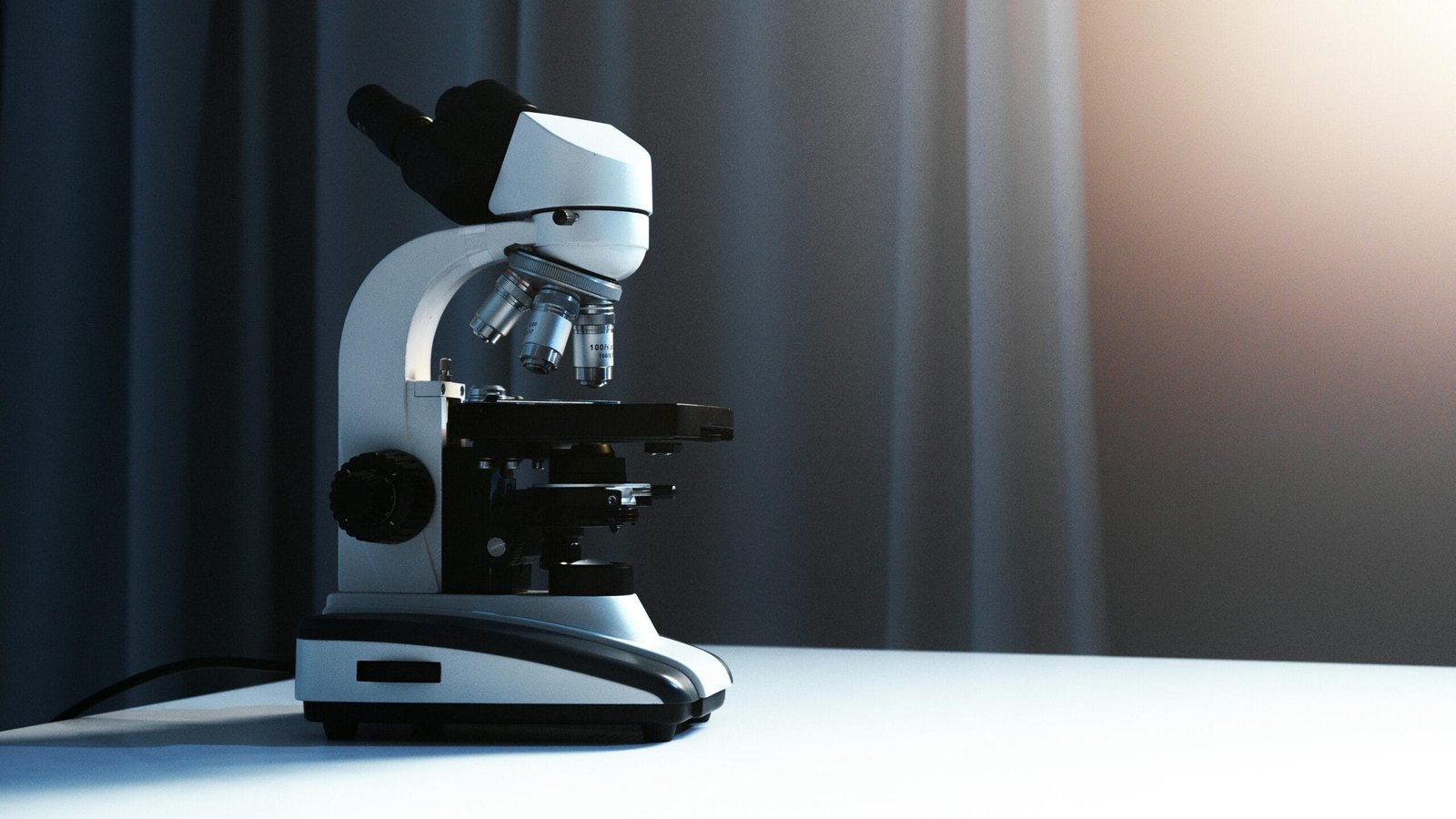 Fotografía de Microscopio moderno de color blanco y negro. Microscopio blanco realizando
un análisis microscópico. Herramientas de investigación científica. Microscopio en un
laboratorio. Microscopio moderno de color blanco y negro.
